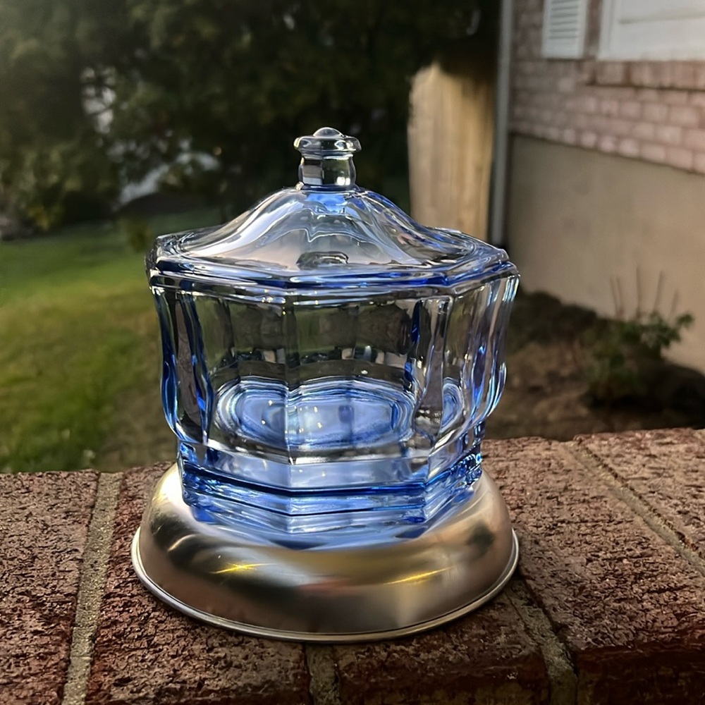 Blue Octagon Concord Panel Lidded Dish, Indiana Glass company , Made in USA